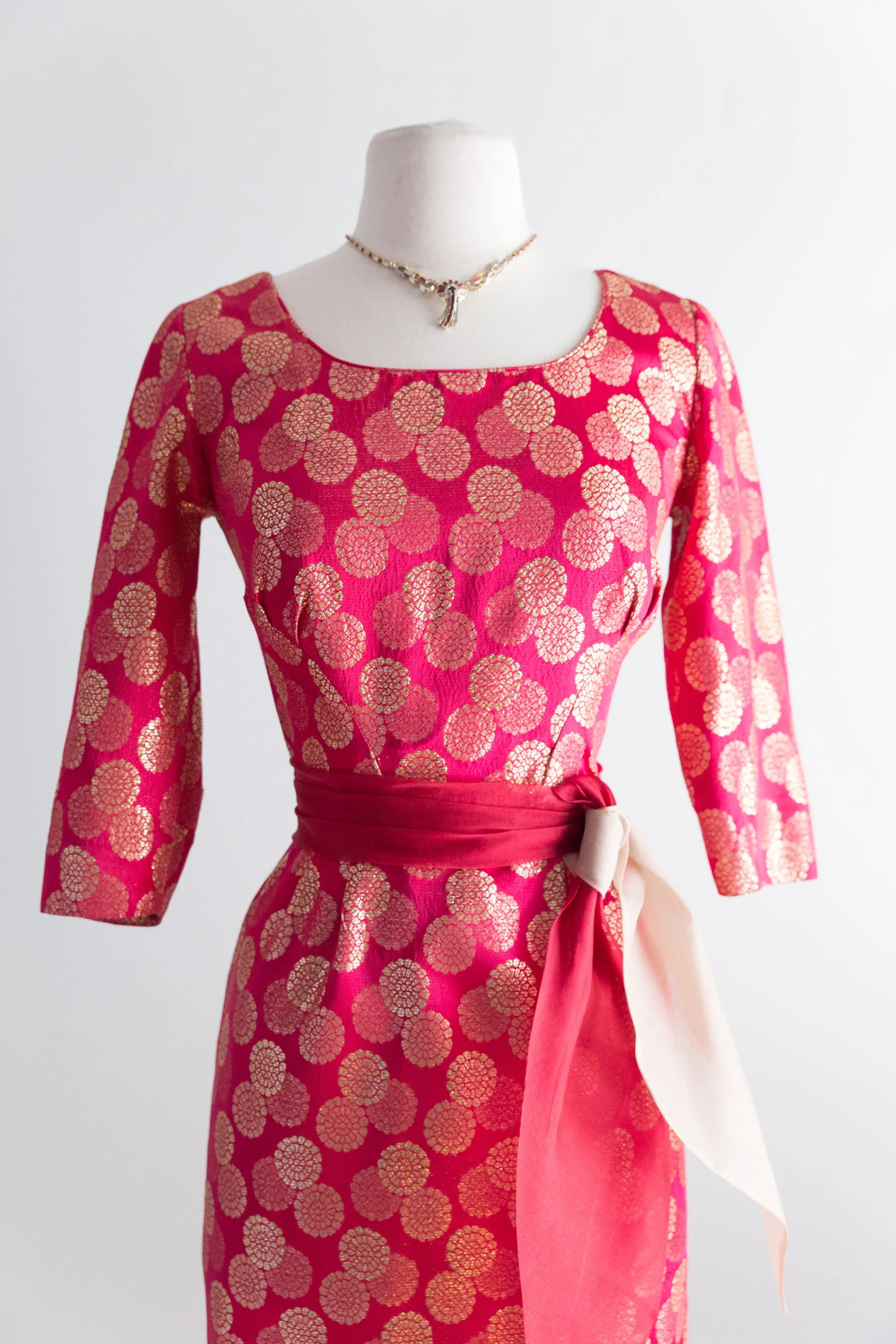 1950's Cerise Cocktail Dress With Metallic Gold Medallions by Paul Sachs / Waist 26