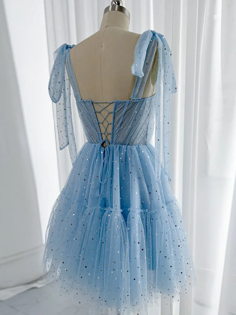 A-Line Sweetheart Neck Tulle Lace Blue Short Prom Dress, Blue Homecoming Dress