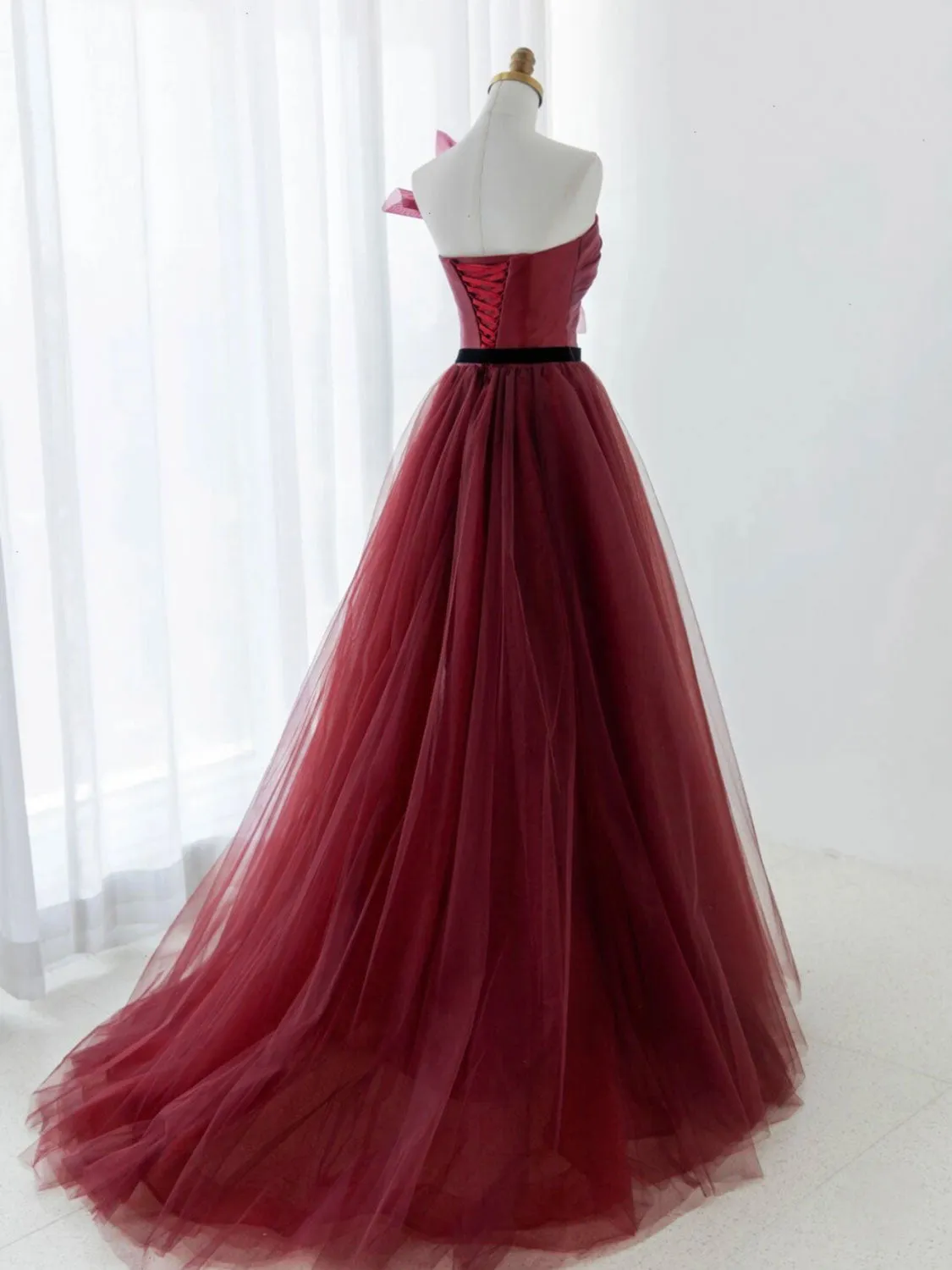 A-Line Tulle Burgundy Long Prom Dress, Burgundy Formal Evening Dress