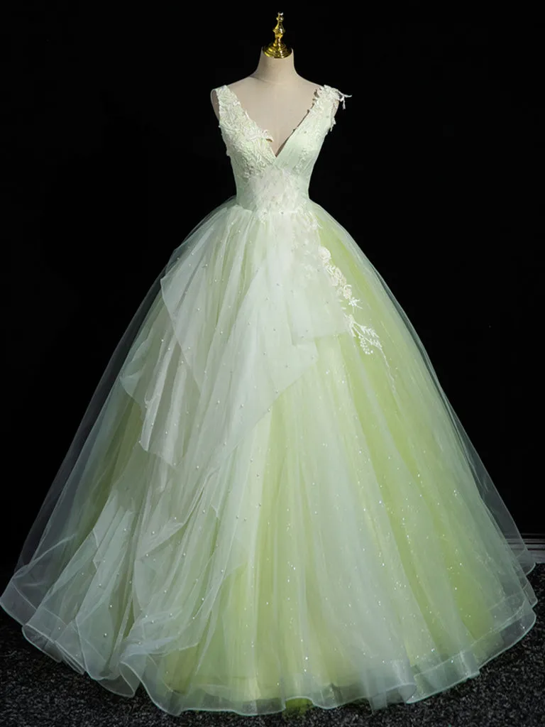 A-Line V Neck Lace Tulle Green Long Prom Dress, Green Sweet 16 Dress