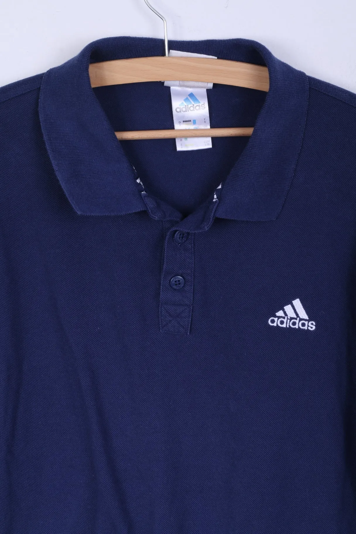 Adidas Mens L (M) Polo Shirt Cotton Navy Detailed Buttons Sport Top