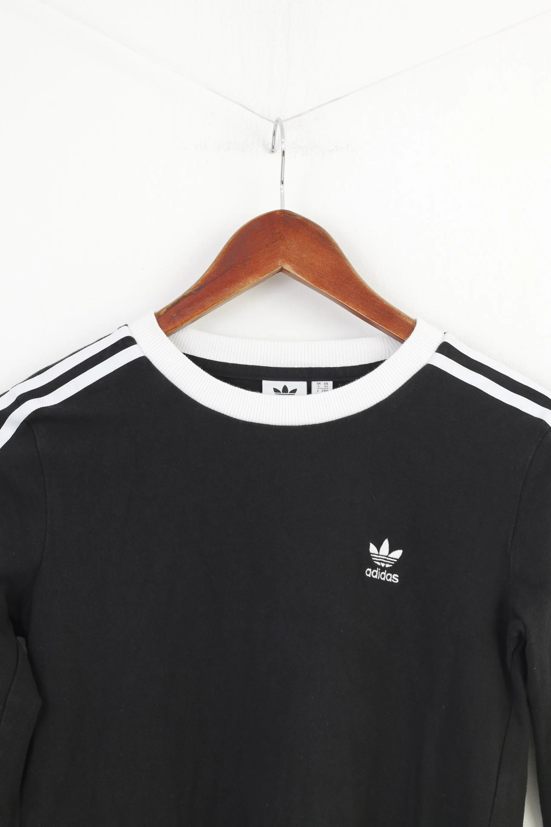 Adidas Woman XS Shirt  Cotton Black Long Sleeve 3Stripes Classic Top