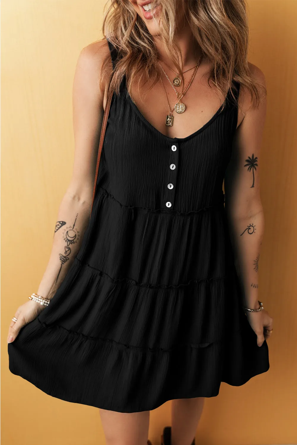 Black Button V-Neck Frilly Tiered Dress