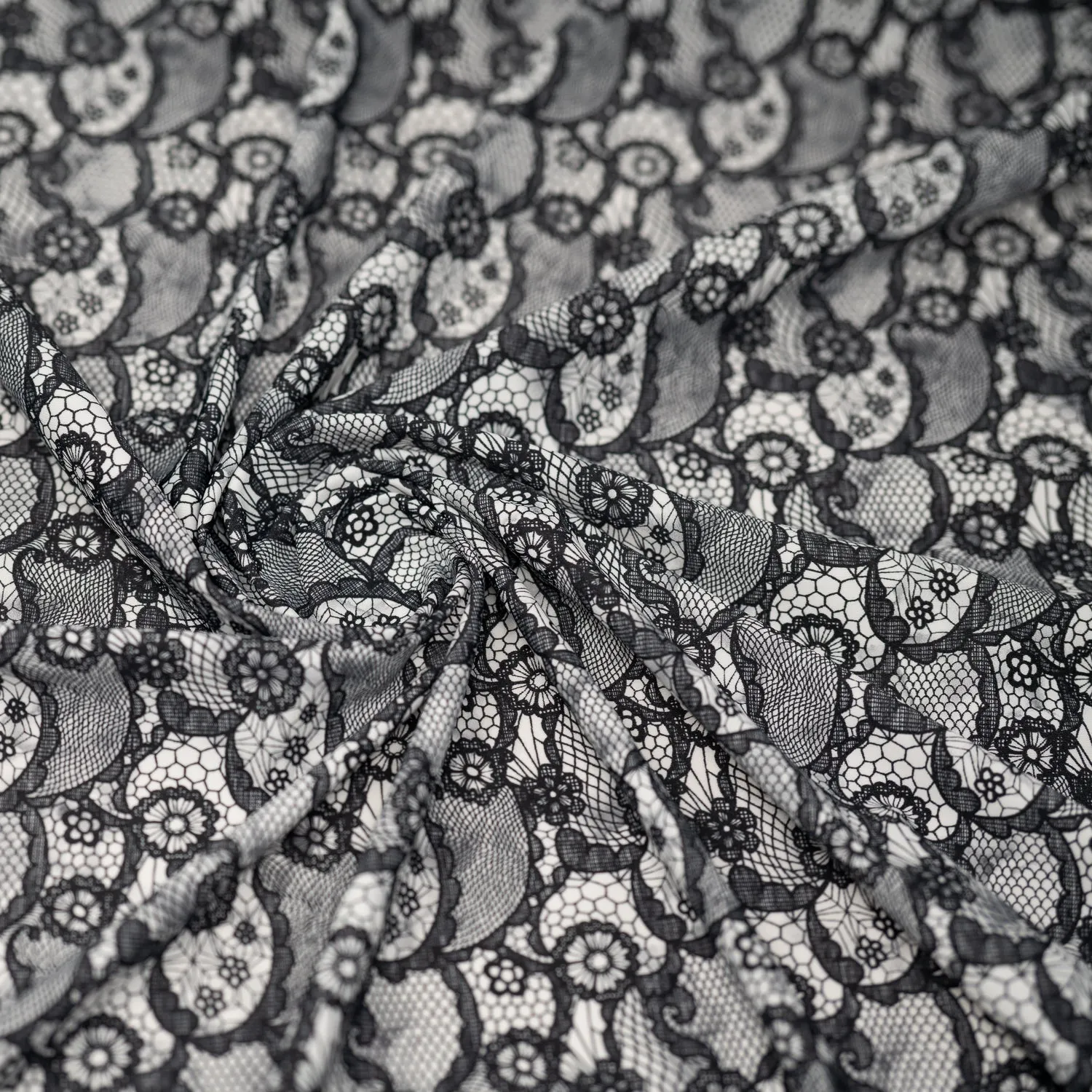 Black Paisley Lace Pattern on White Printed Spandex Fabric | Blue Moon Fabrics