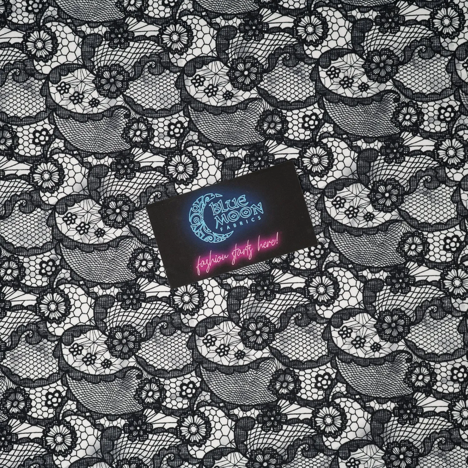 Black Paisley Lace Pattern on White Printed Spandex Fabric | Blue Moon Fabrics