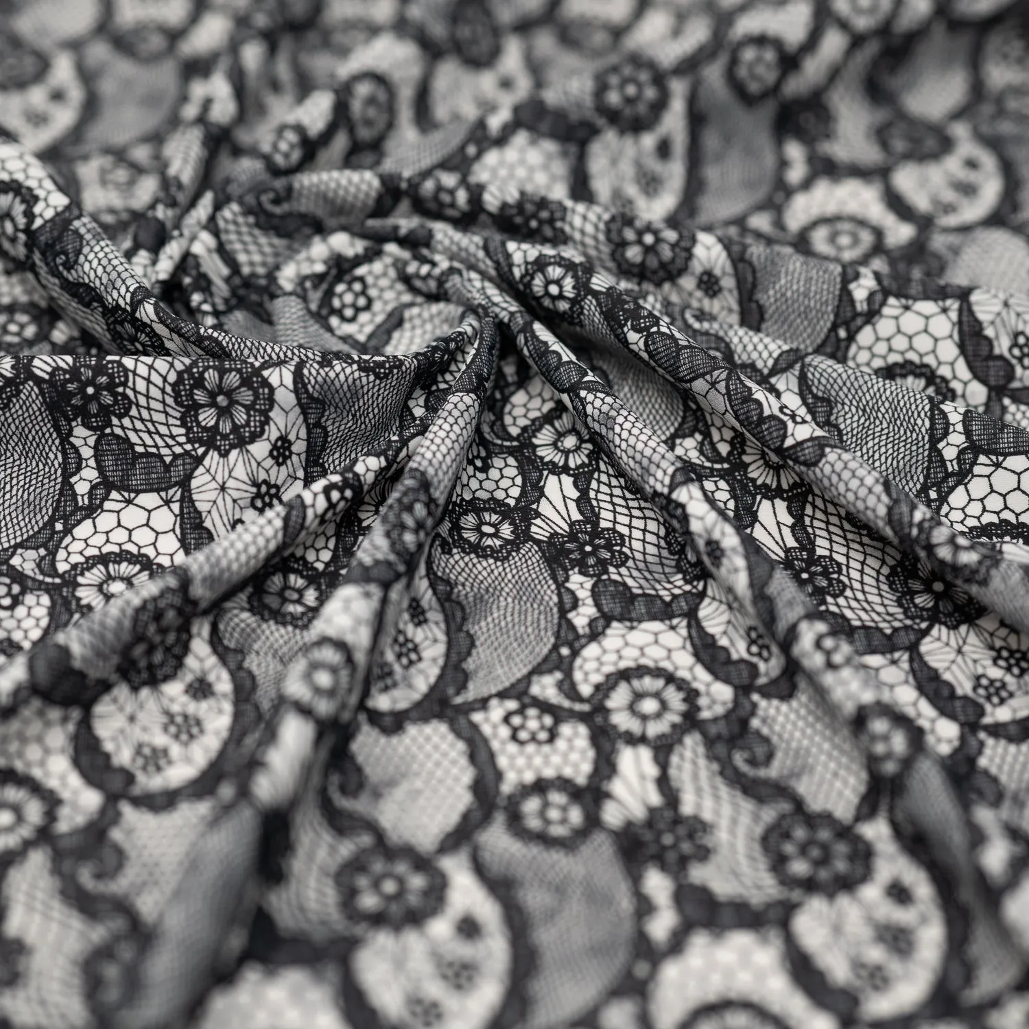 Black Paisley Lace Pattern on White Printed Spandex Fabric | Blue Moon Fabrics