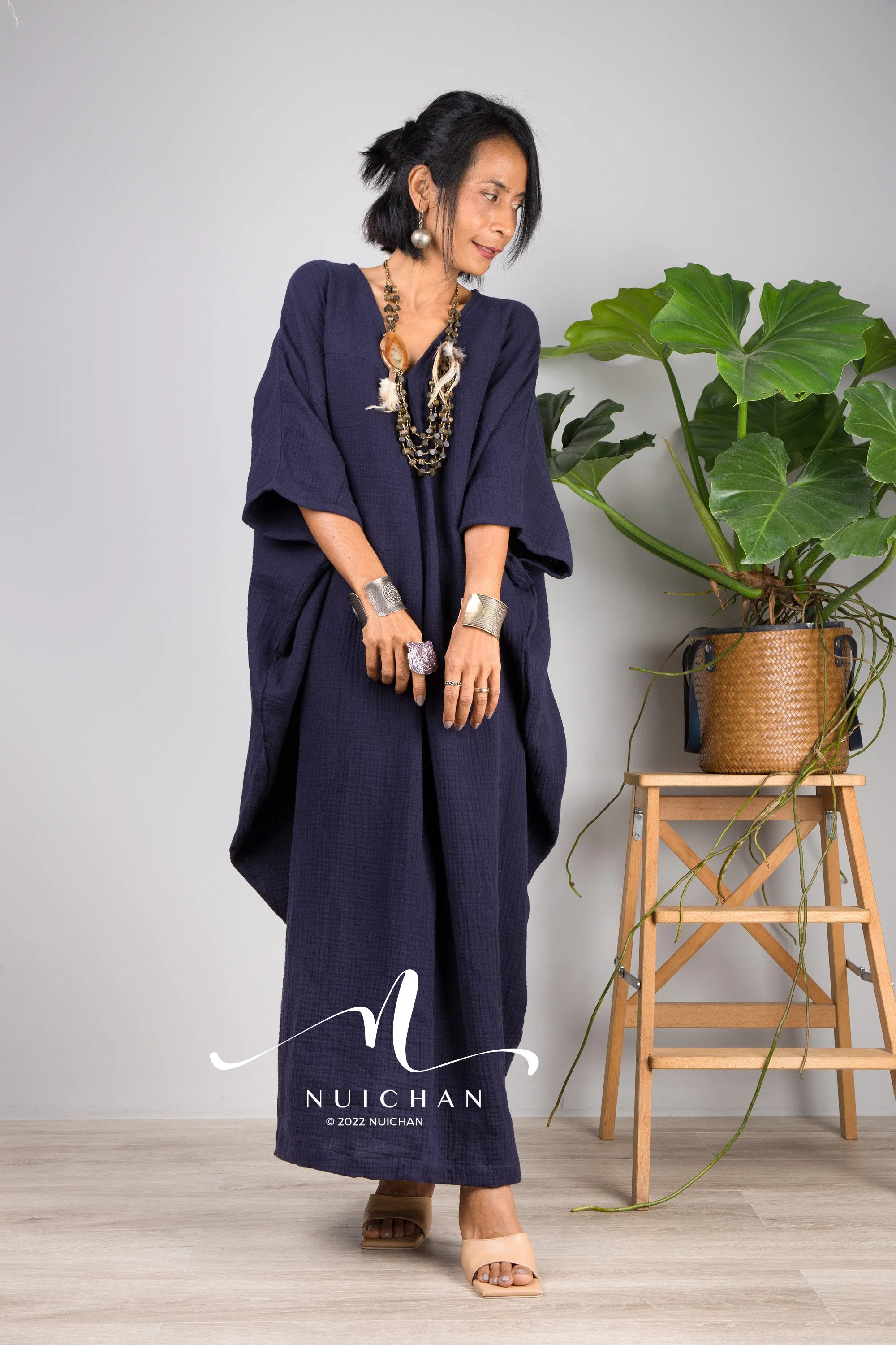 Blue Cotton Gauze Kaftan dress