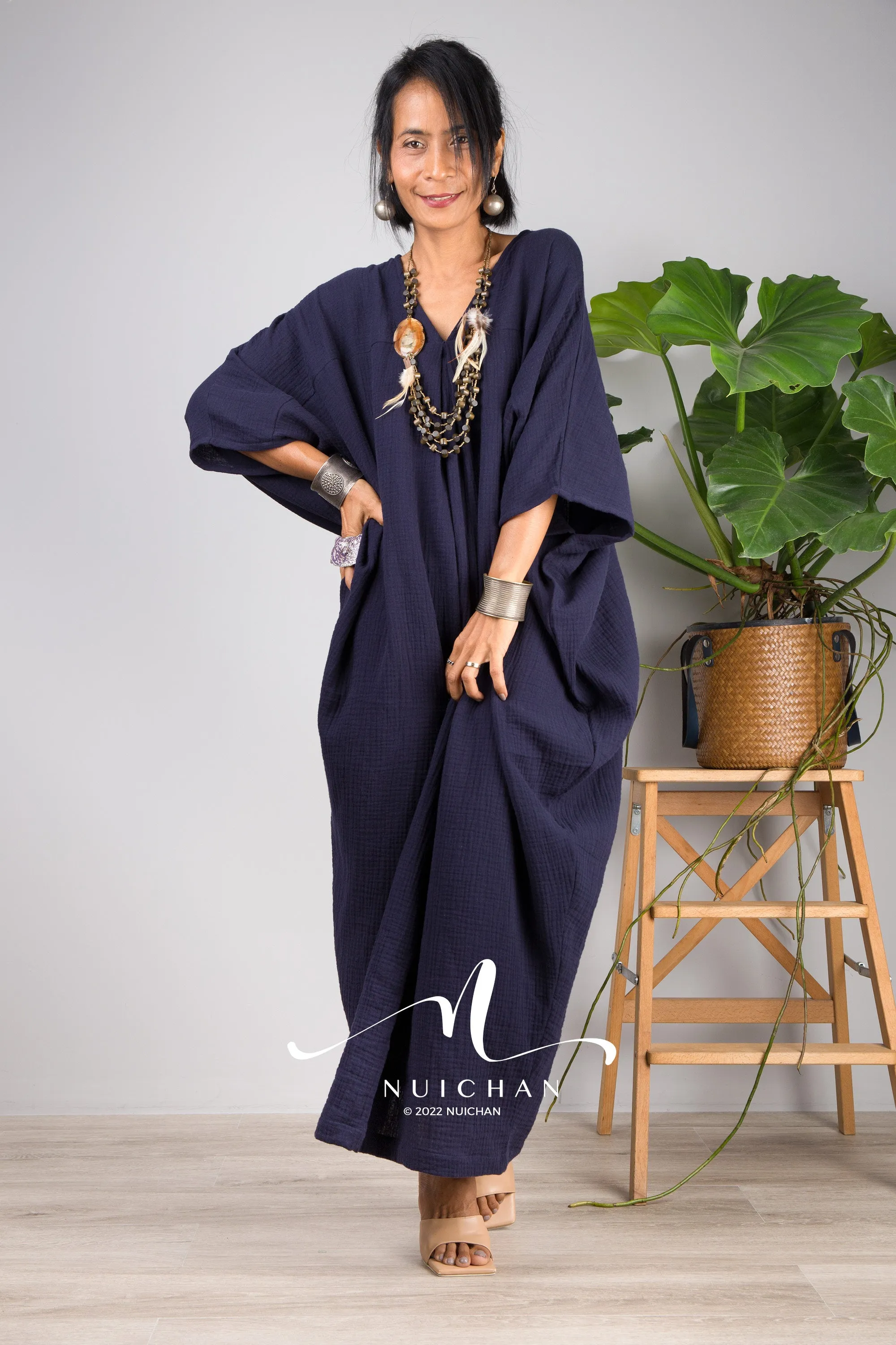 Blue Cotton Gauze Kaftan dress