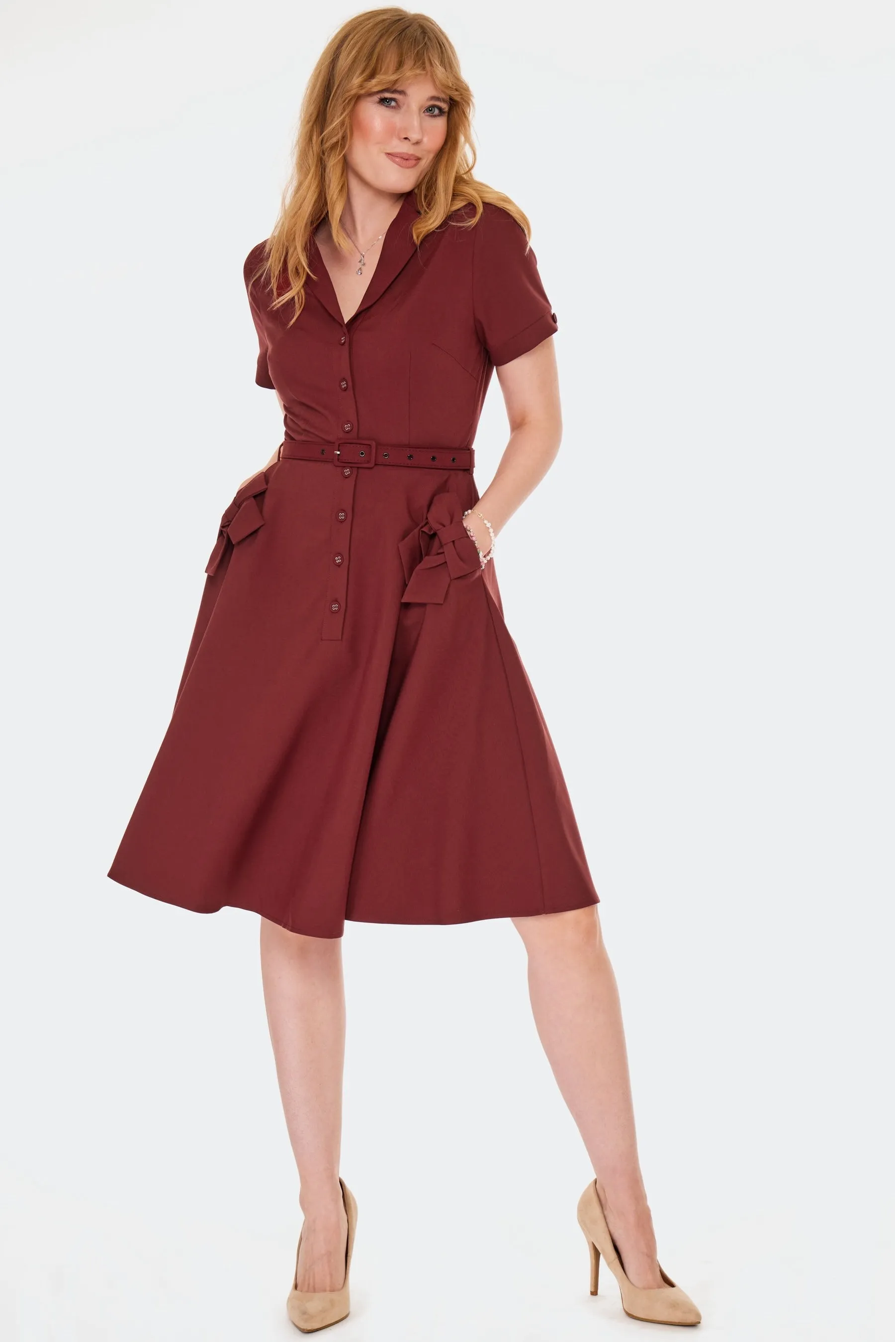 Burgundy Shirt Dress with Bow Pockets by Voodoo Vixen