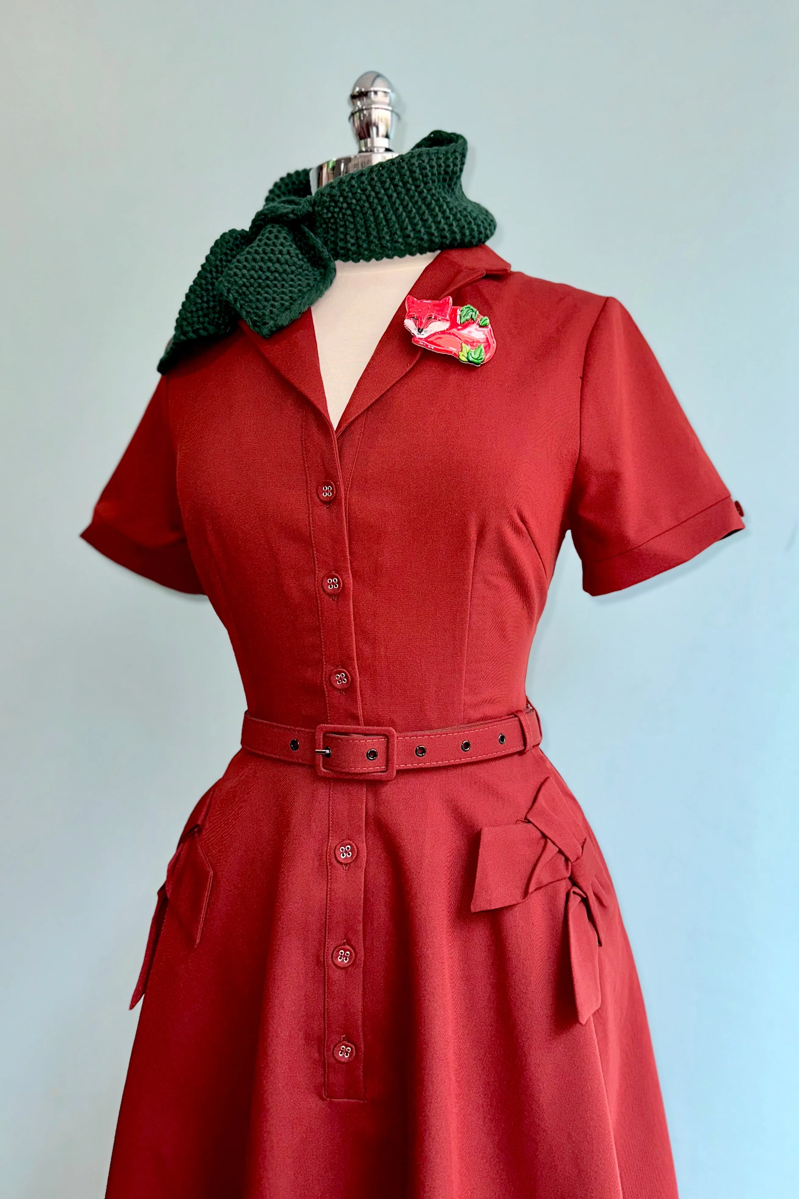 Burgundy Shirt Dress with Bow Pockets by Voodoo Vixen