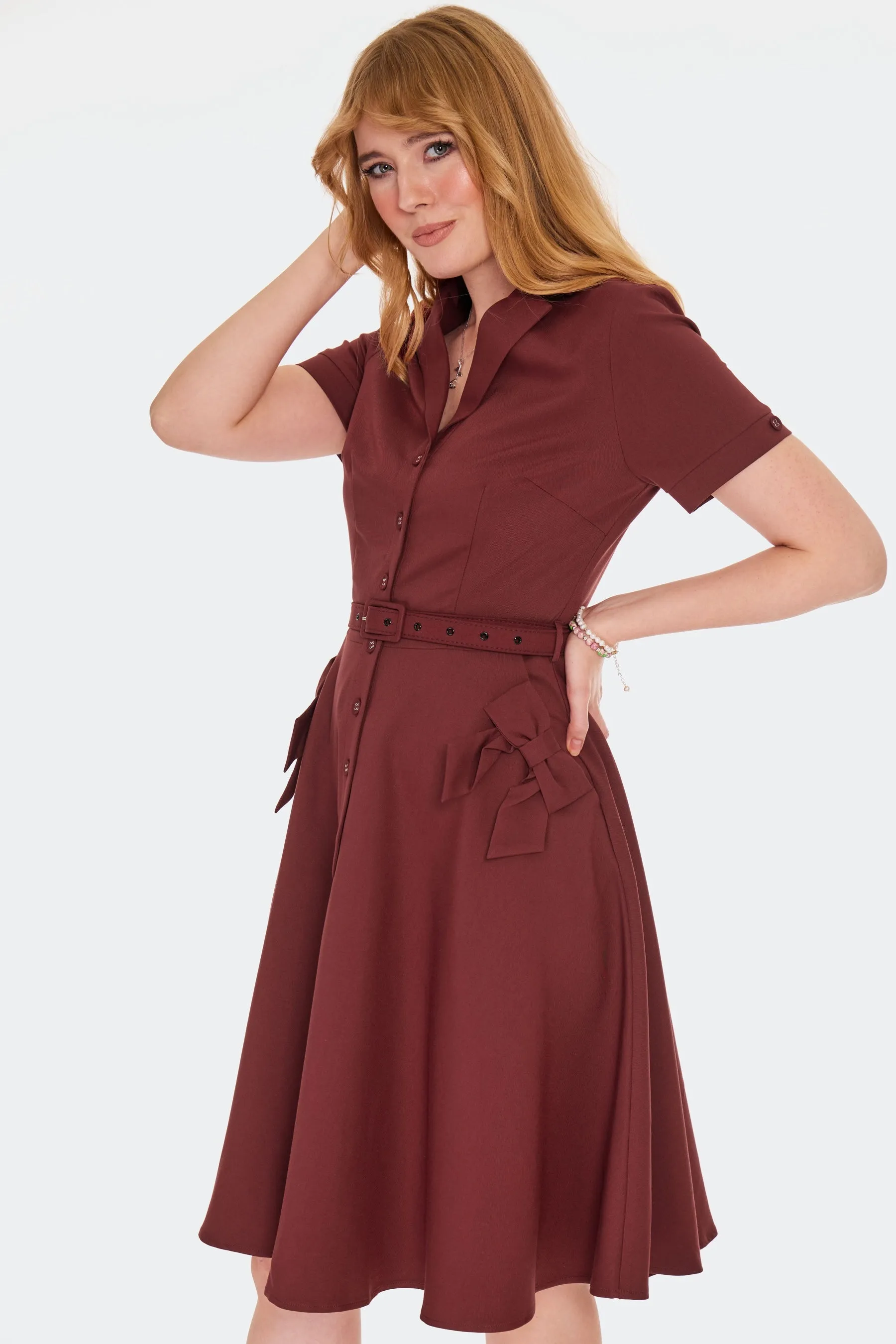 Burgundy Shirt Dress with Bow Pockets by Voodoo Vixen