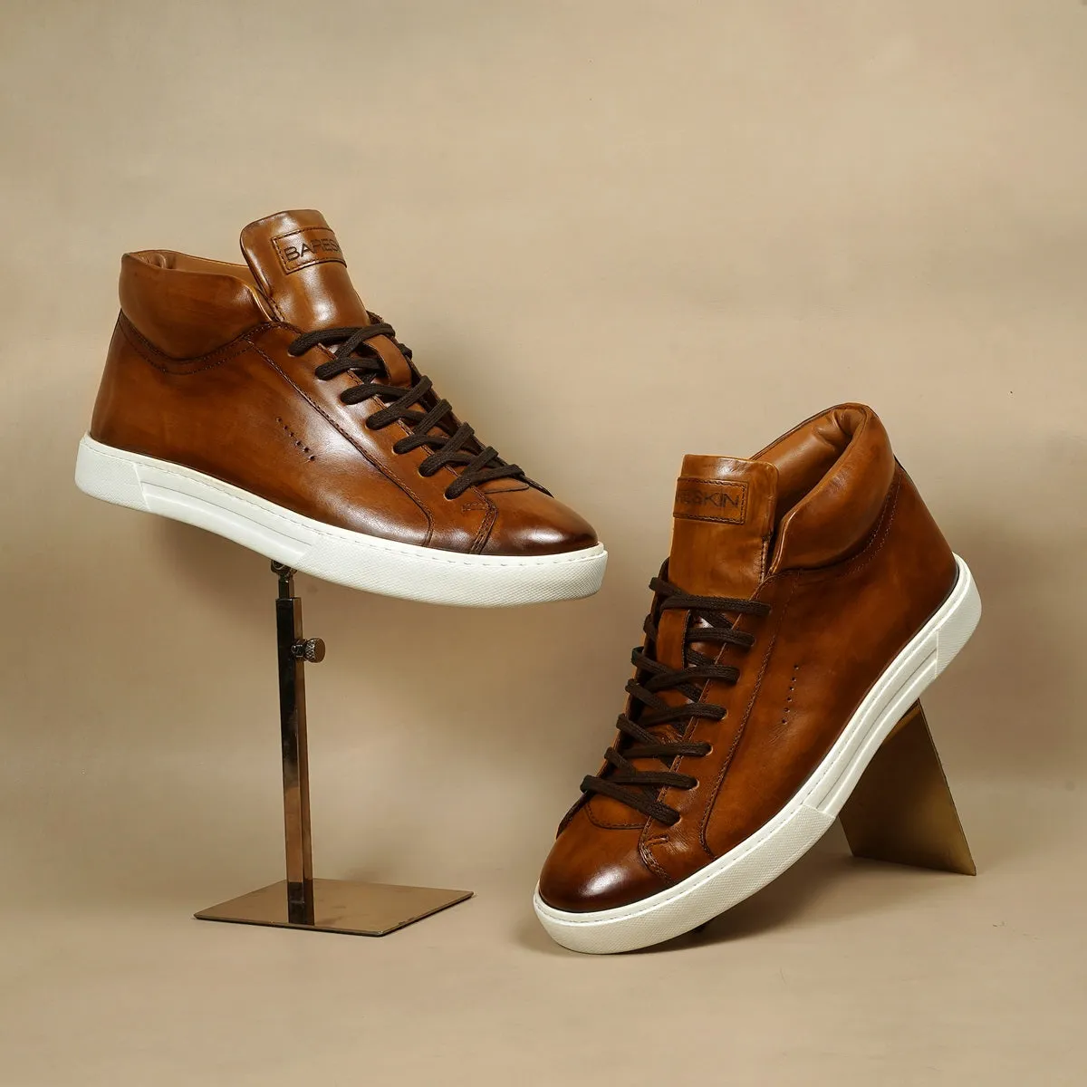 Casual Tan Leather Sneaker with Paint Brush Look