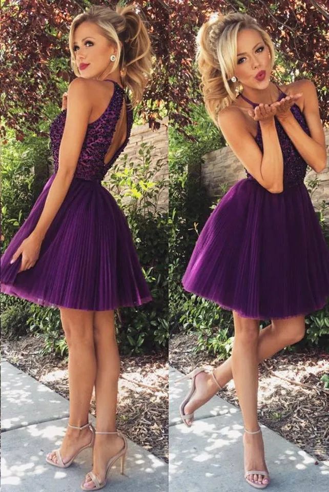 Classic Purple Homecoming Dress Halter Neckline, Short Prom Dress, Dance Dress, Formal Dress, Graduation School Party Gown, PC0576