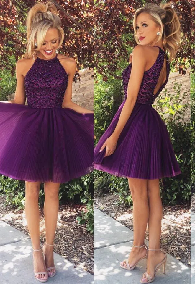 Classic Purple Homecoming Dress Halter Neckline, Short Prom Dress, Dance Dress, Formal Dress, Graduation School Party Gown, PC0576