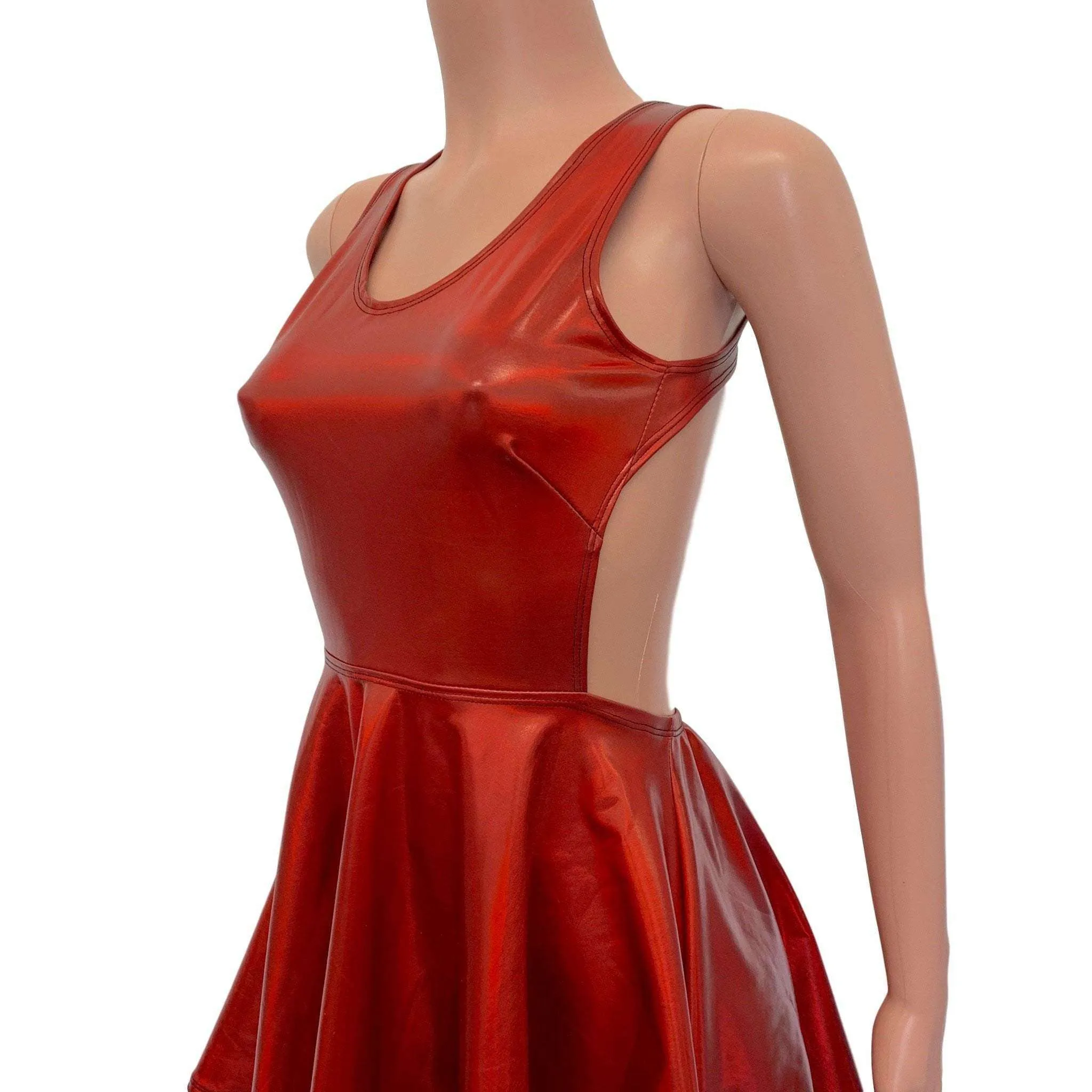 Cutout Red Skater Dress - Red Holographic