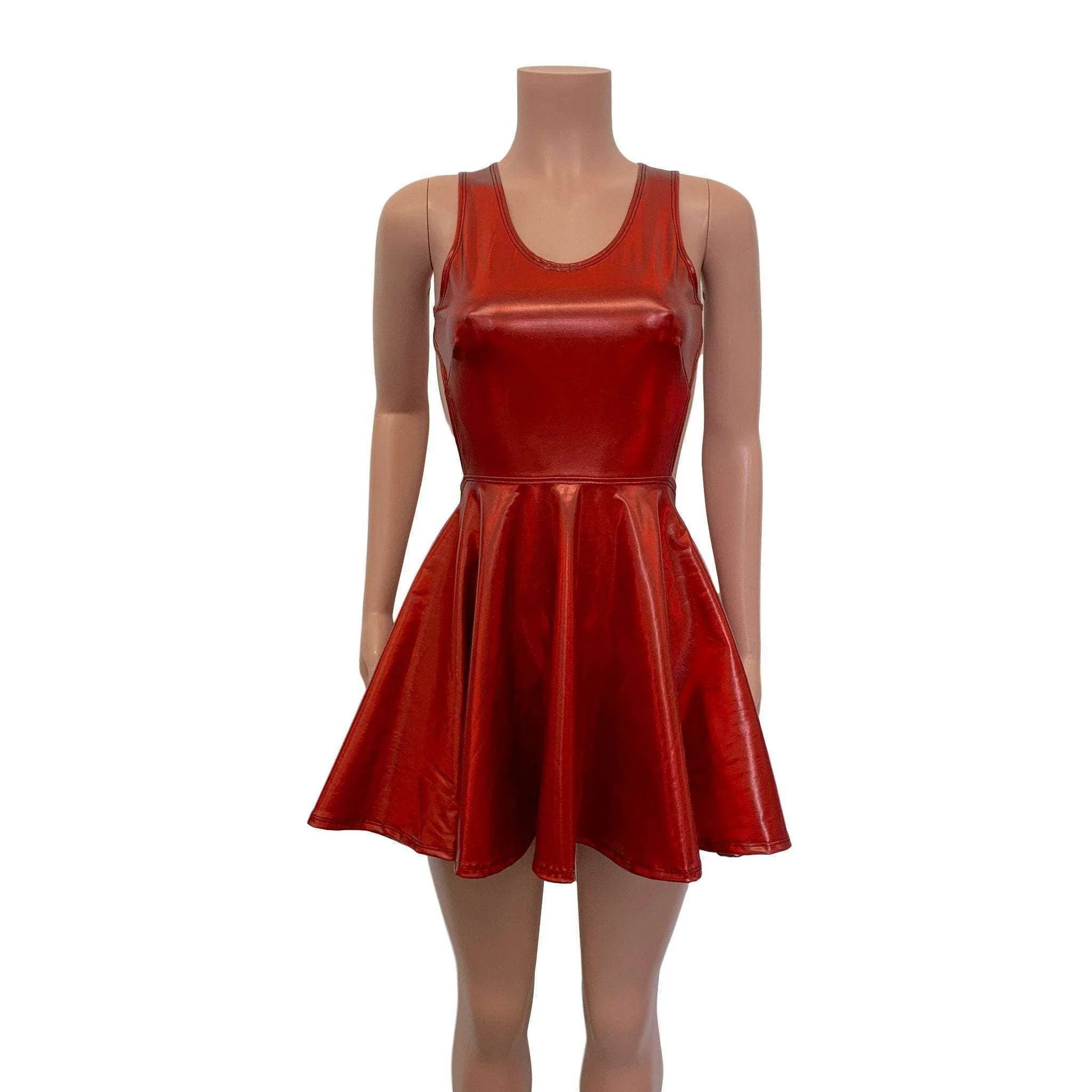 Cutout Red Skater Dress - Red Holographic