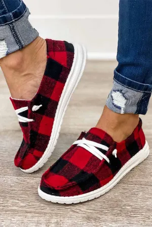 Fiery Red Vintage Plaid Lace Up Flat Shoes