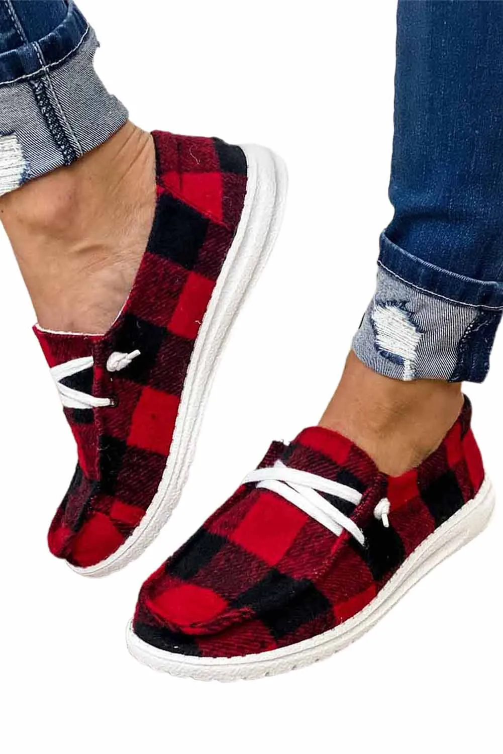 Fiery Red Vintage Plaid Lace Up Flat Shoes