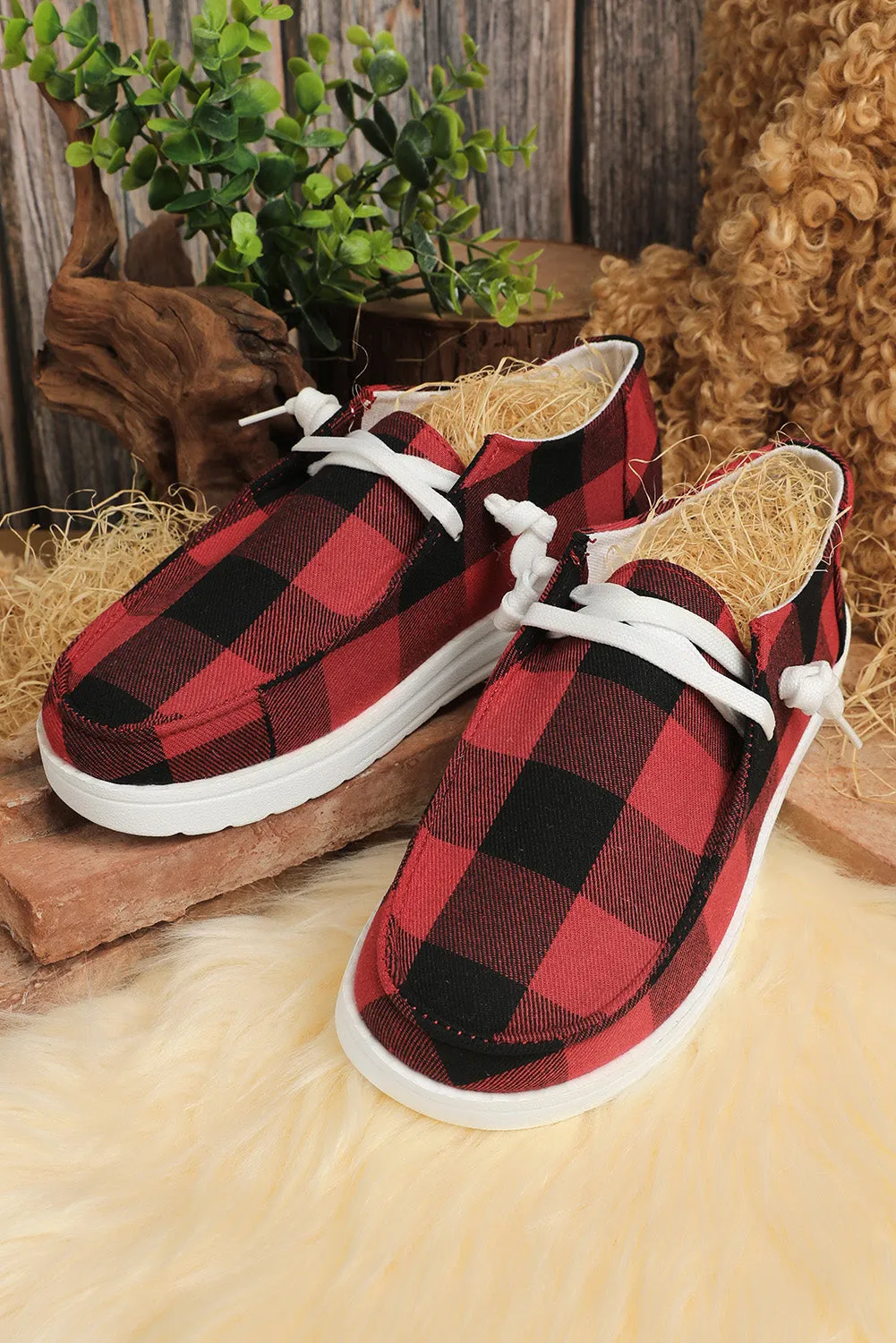 Fiery Red Vintage Plaid Lace Up Flat Shoes