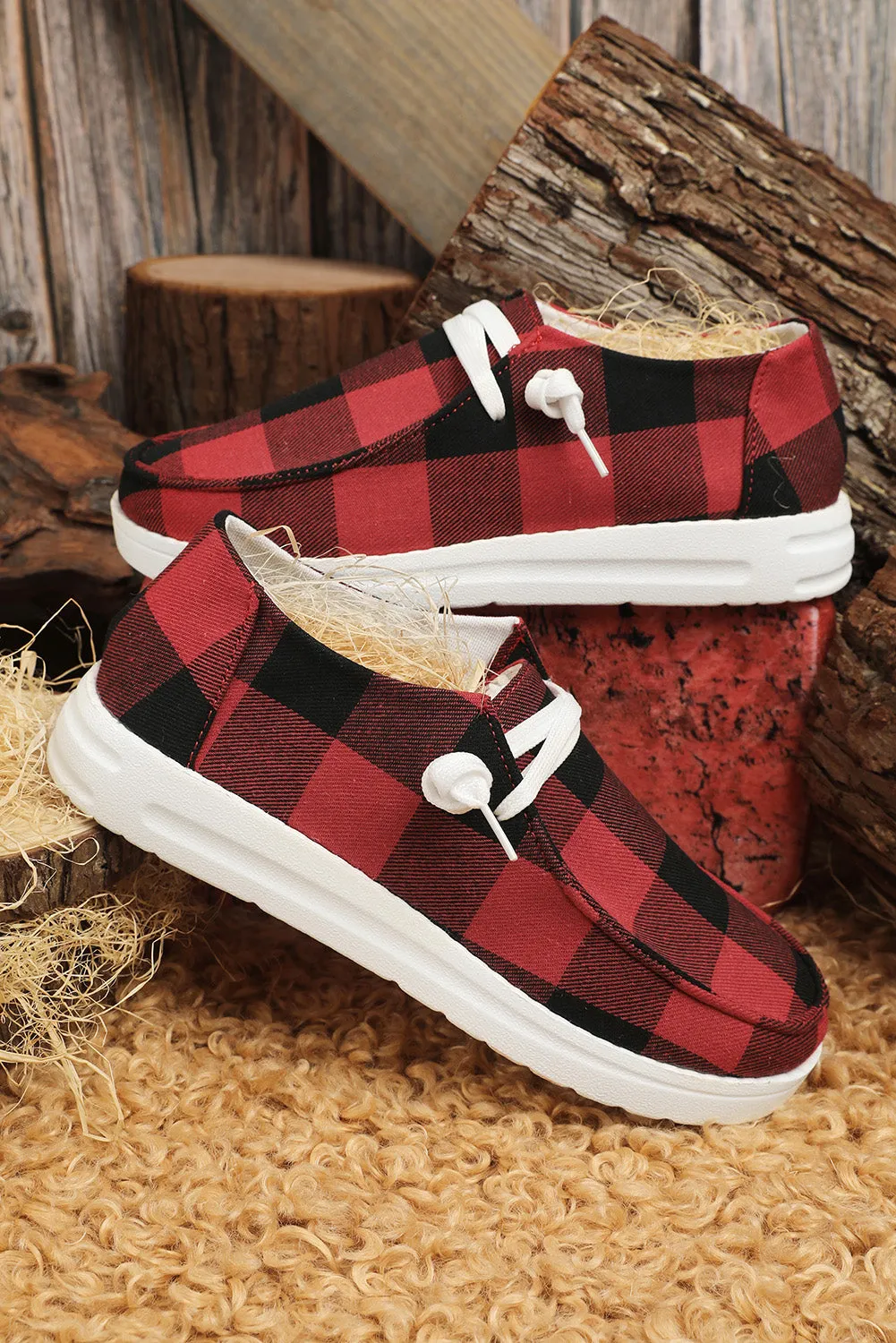 Fiery Red Vintage Plaid Lace Up Flat Shoes