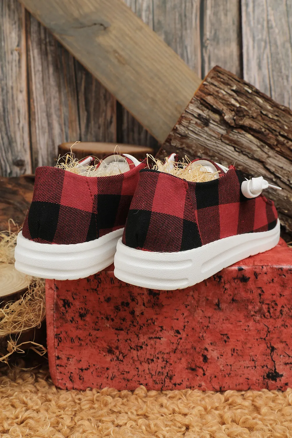 Fiery Red Vintage Plaid Lace Up Flat Shoes