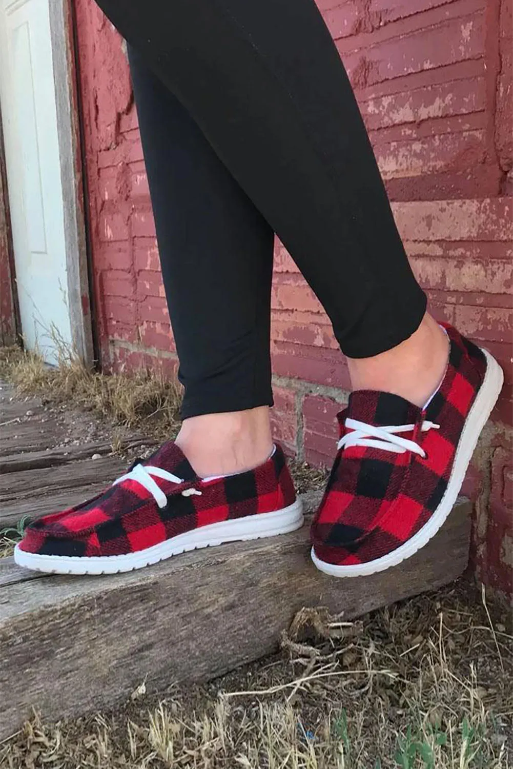 Fiery Red Vintage Plaid Lace Up Flat Shoes