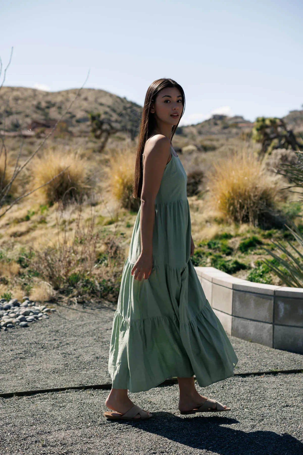 Flowy Tiered Sleeveless Maxi Linen Dress - Sage