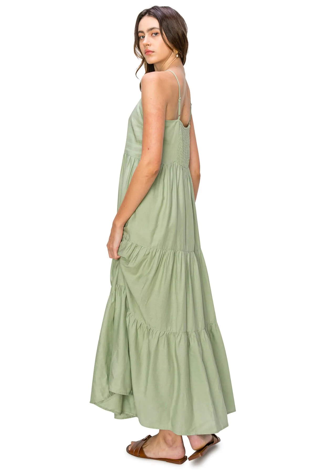 Flowy Tiered Sleeveless Maxi Linen Dress - Sage