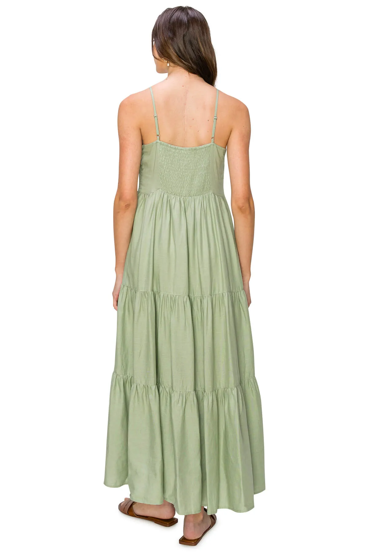 Flowy Tiered Sleeveless Maxi Linen Dress - Sage