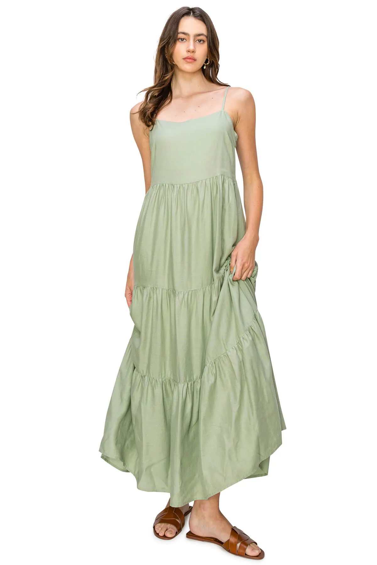 Flowy Tiered Sleeveless Maxi Linen Dress - Sage