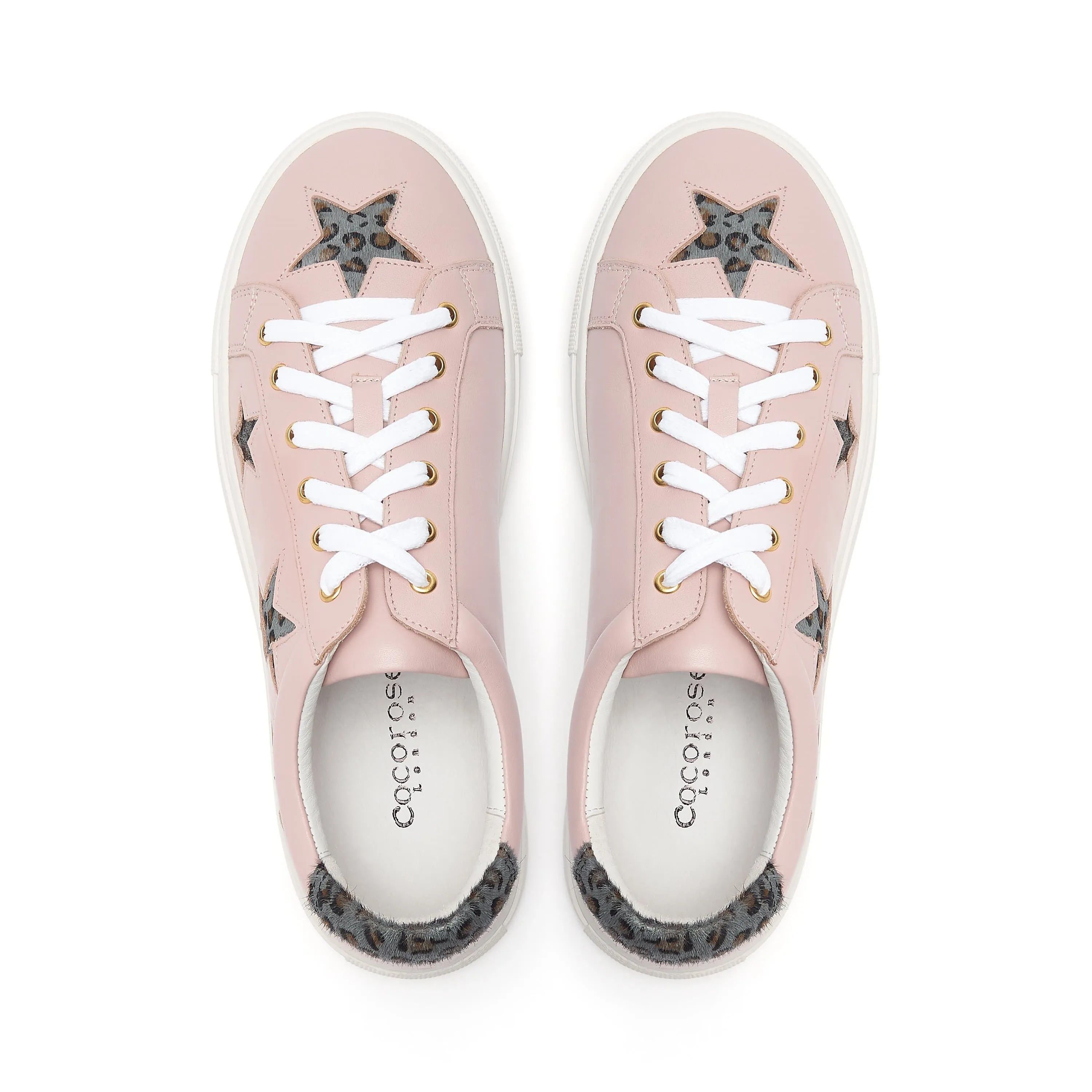 Hoxton - Pastel Pink with Grey Leopard Star Leather Trainers