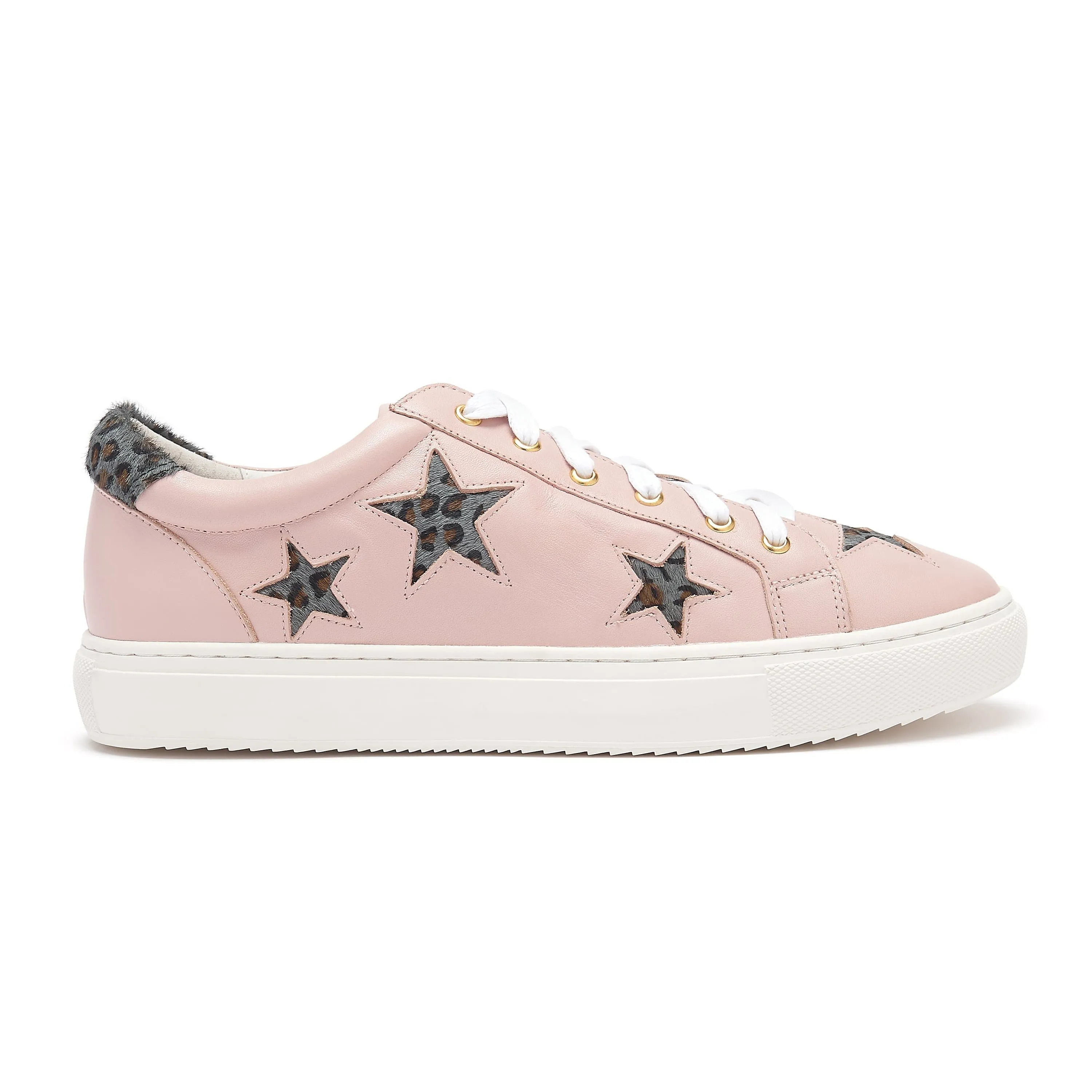 Hoxton - Pastel Pink with Grey Leopard Star Leather Trainers