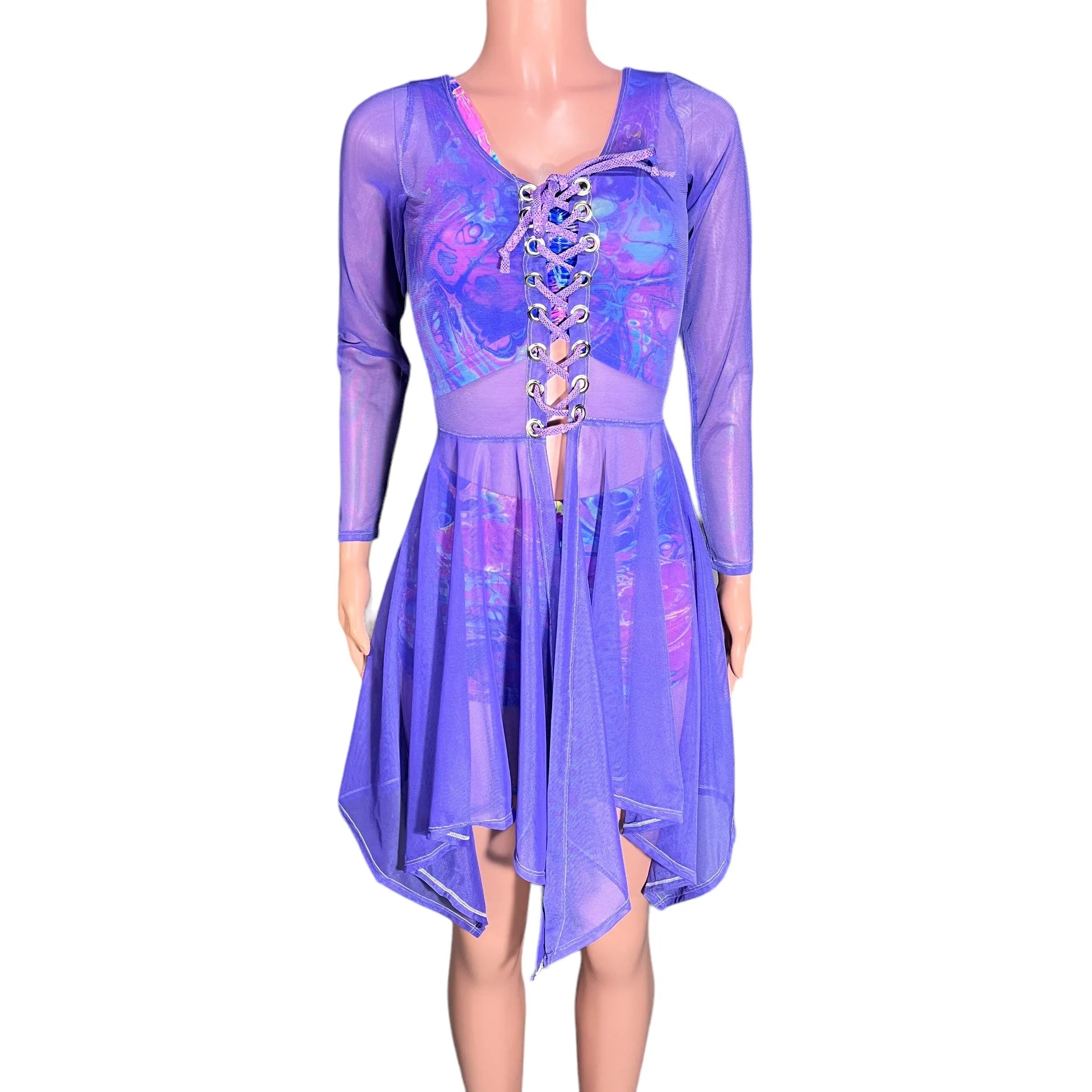 Lavender Purple Mesh Long Sleeve Lace-Up Open-Front Asymmetrical Dress - Sheer Rave Dress