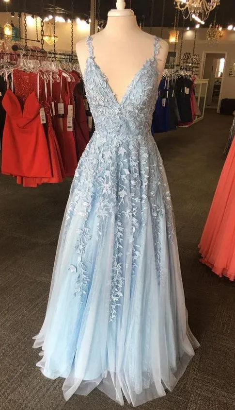 Light Blue Lace Prom Dress , Evening Dress, Formal Dress, Graduation School Party Gown, PC0484