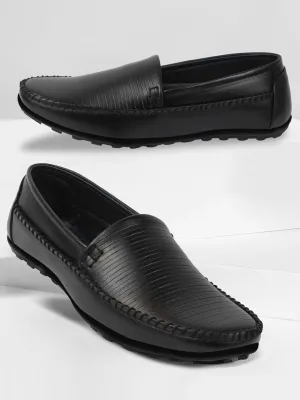 Men Black Side Stitched Broad Feet Ethnic Slip On Shoes