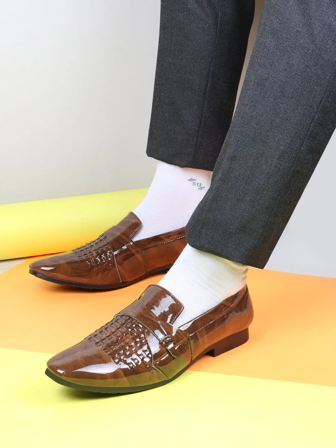 Men Brown Casual Patent Leather Slip-On Shoes