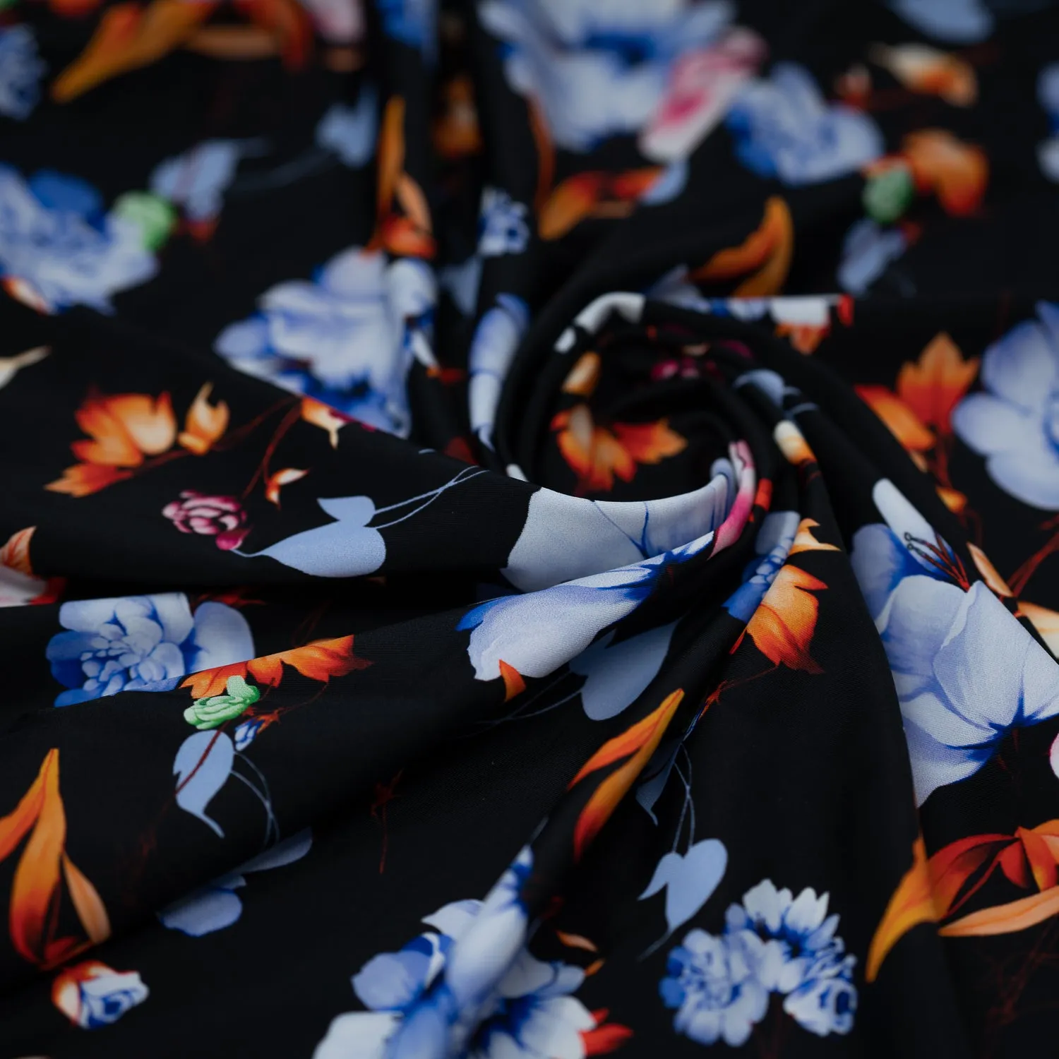 Midnight Floral Garden Printed Spandex Fabric | Blue Moon Fabrics