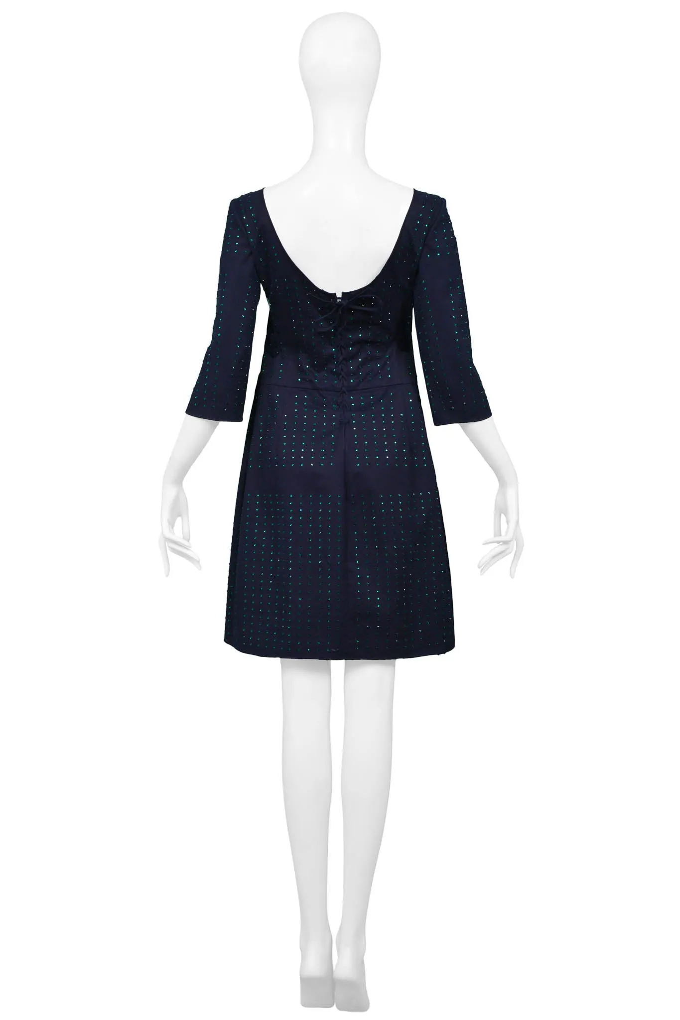 MIU MIU NAVY MINI DRESS WITH GREEN RHINESTONES