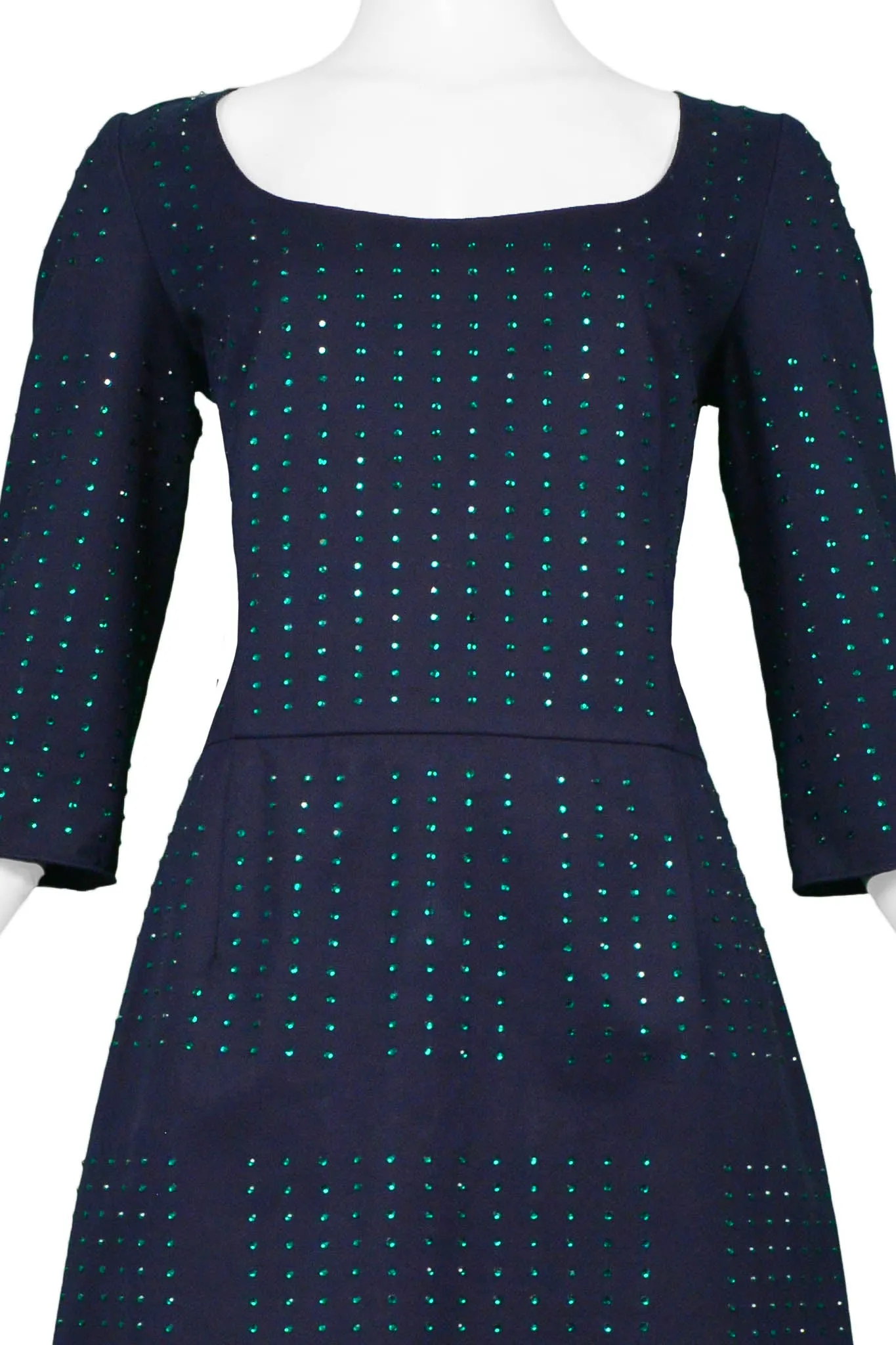 MIU MIU NAVY MINI DRESS WITH GREEN RHINESTONES