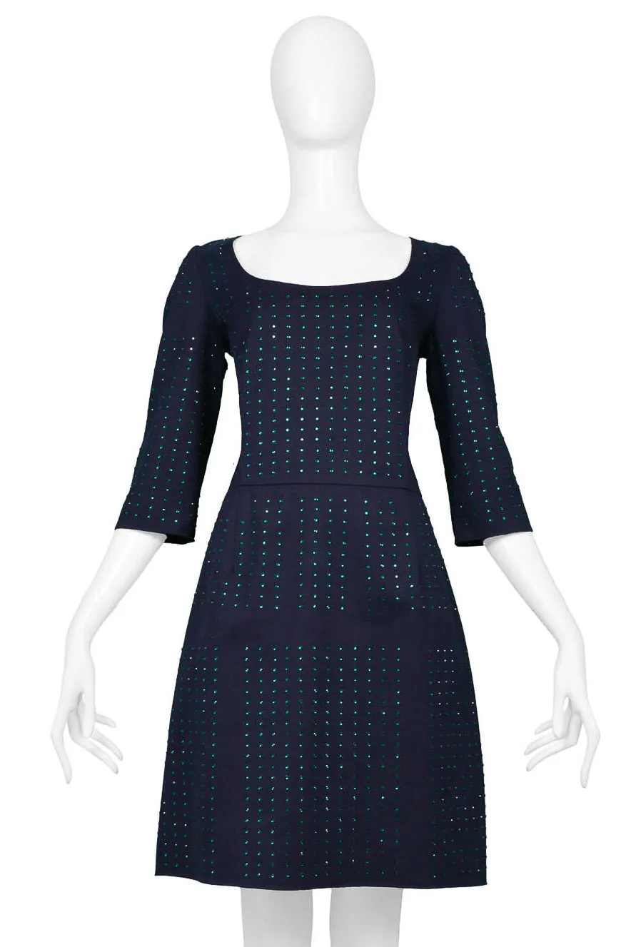 MIU MIU NAVY MINI DRESS WITH GREEN RHINESTONES