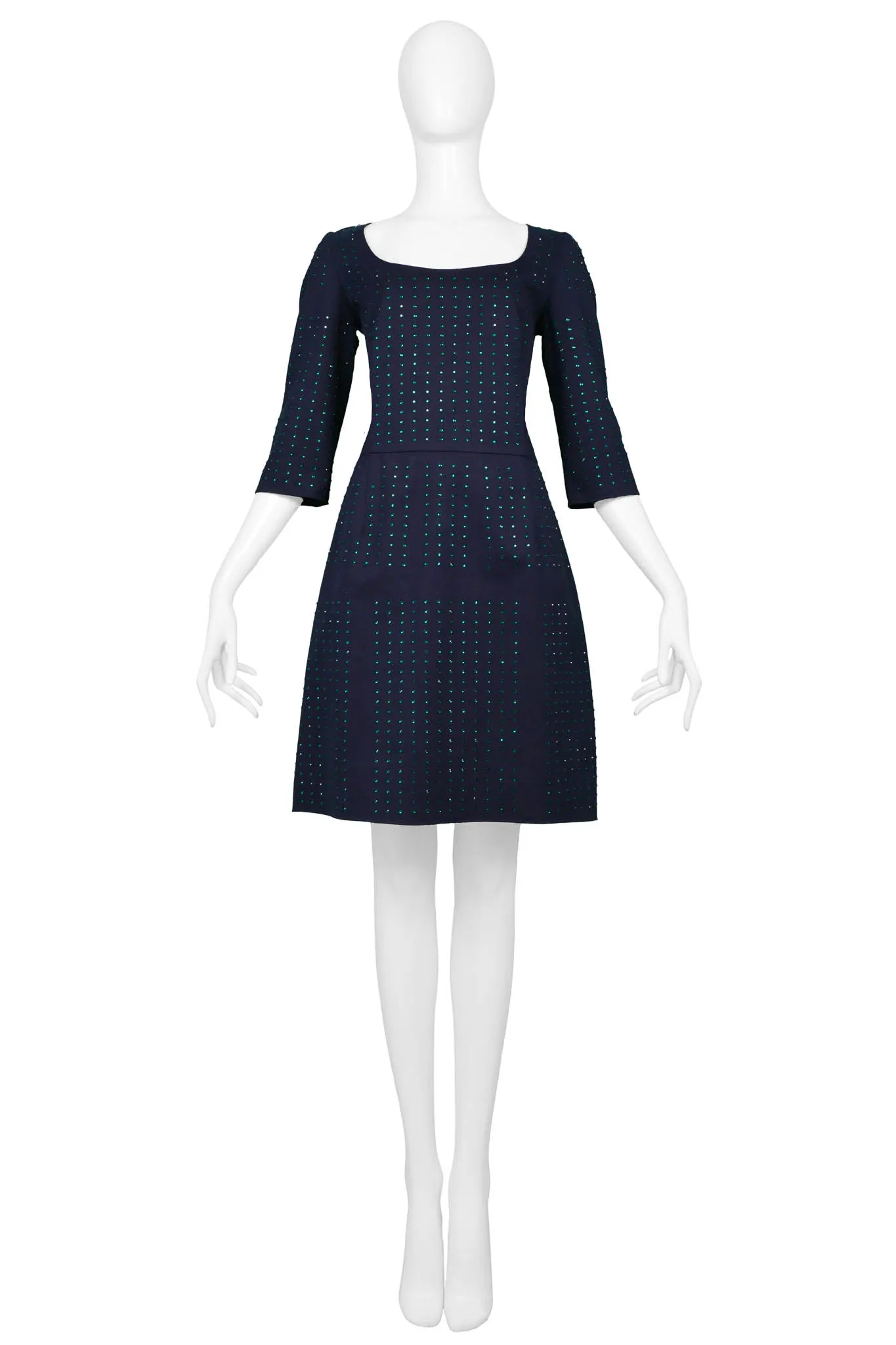 MIU MIU NAVY MINI DRESS WITH GREEN RHINESTONES