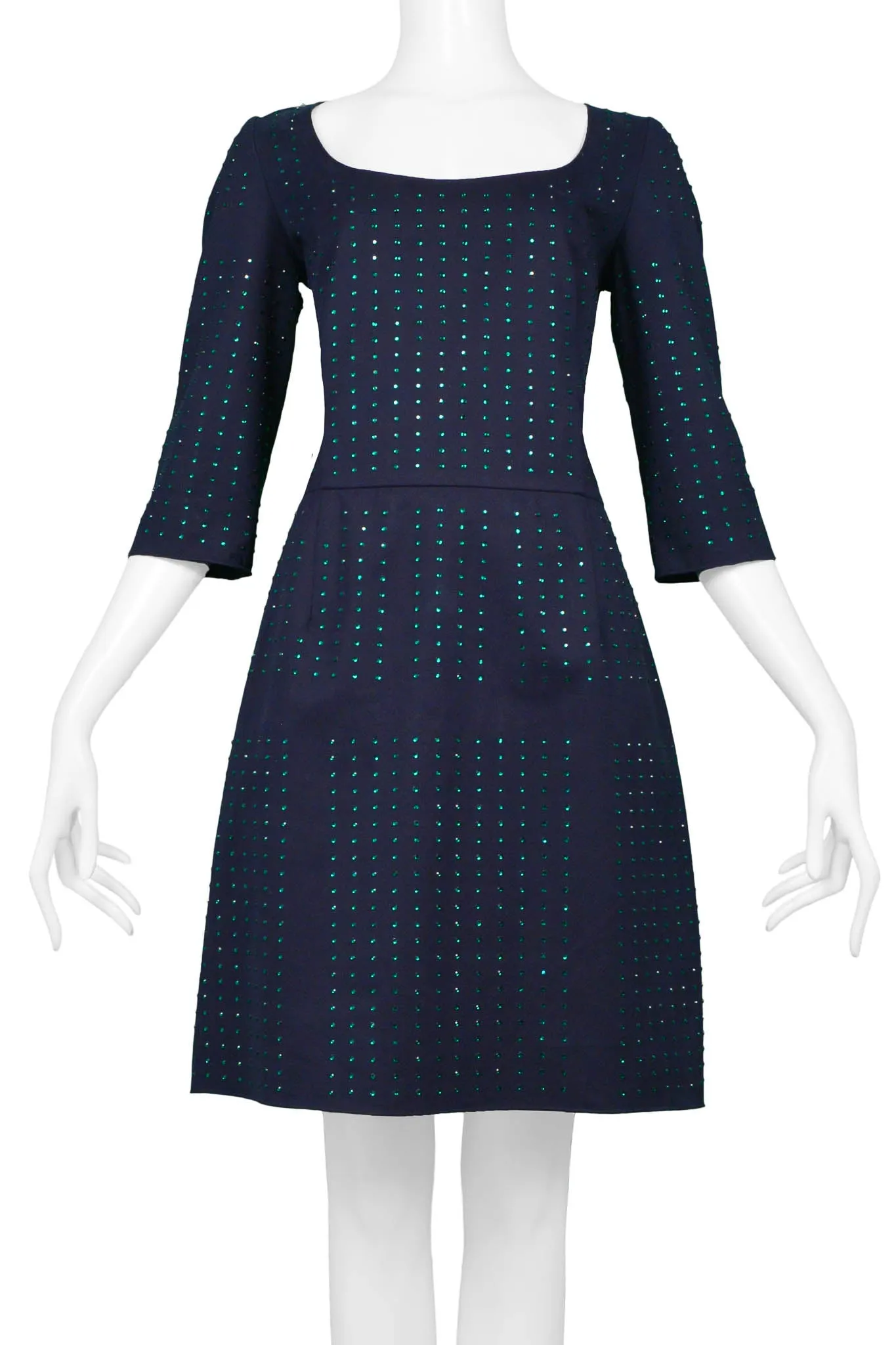 MIU MIU NAVY MINI DRESS WITH GREEN RHINESTONES