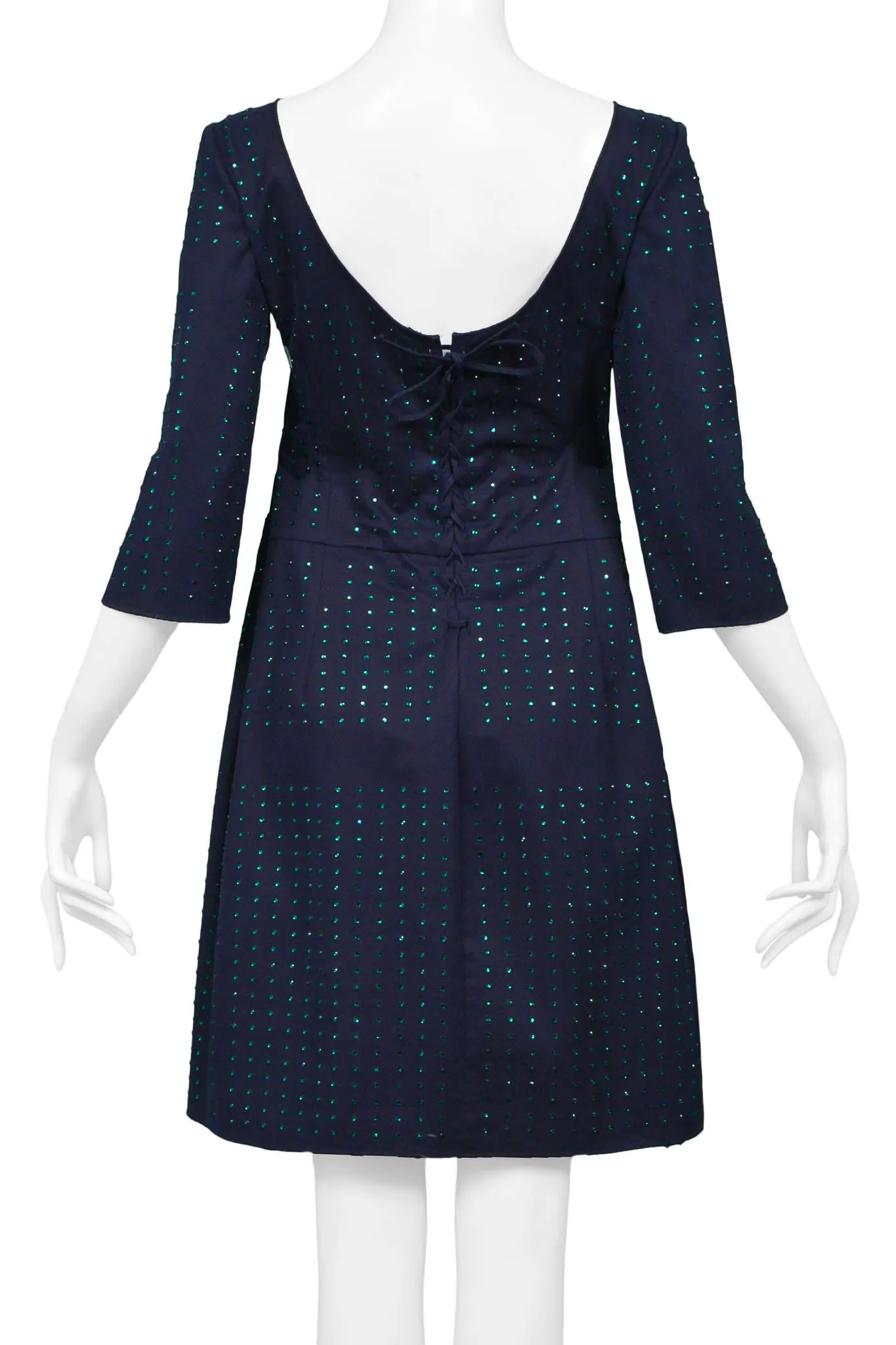 MIU MIU NAVY MINI DRESS WITH GREEN RHINESTONES