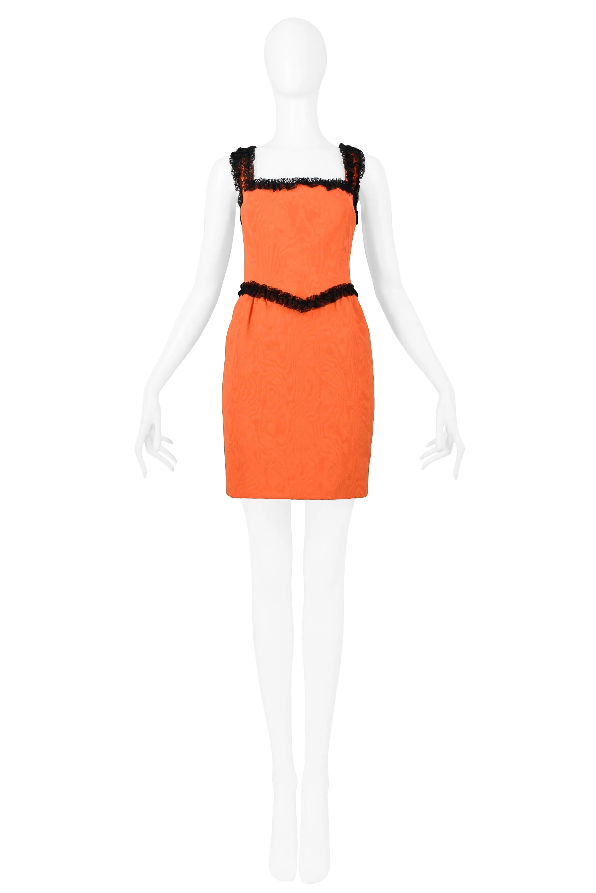 MOSCHINO COUTURE ORANGE QUILTED FAILLE WITH BLACK LACE TRIM DRESS