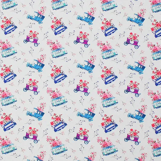 Old Fashioned Flowers and Cars Printed Spandex | Blue Moon Fabrics