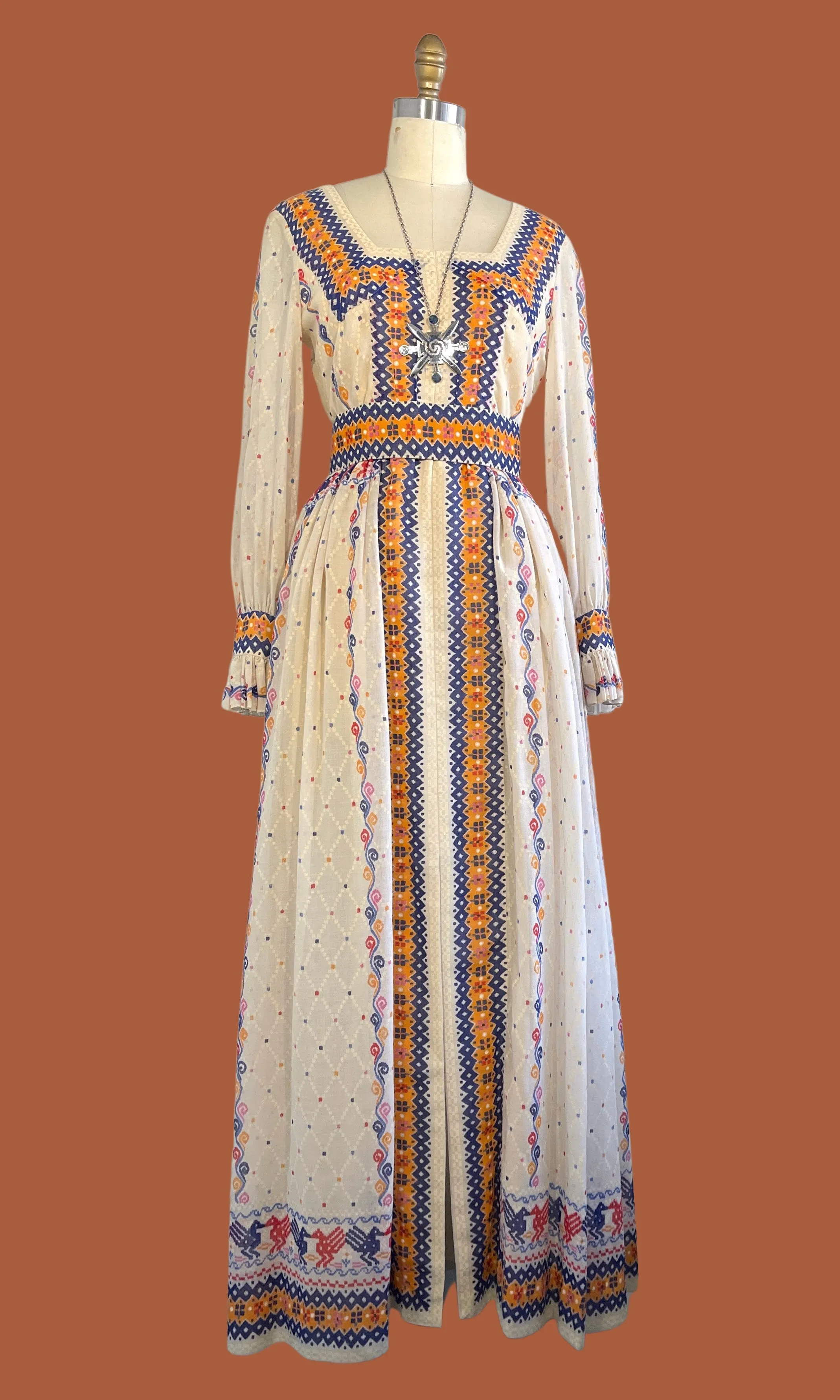 OSCAR DE LA RENTA 70s Folk Print Dress • Small Medium