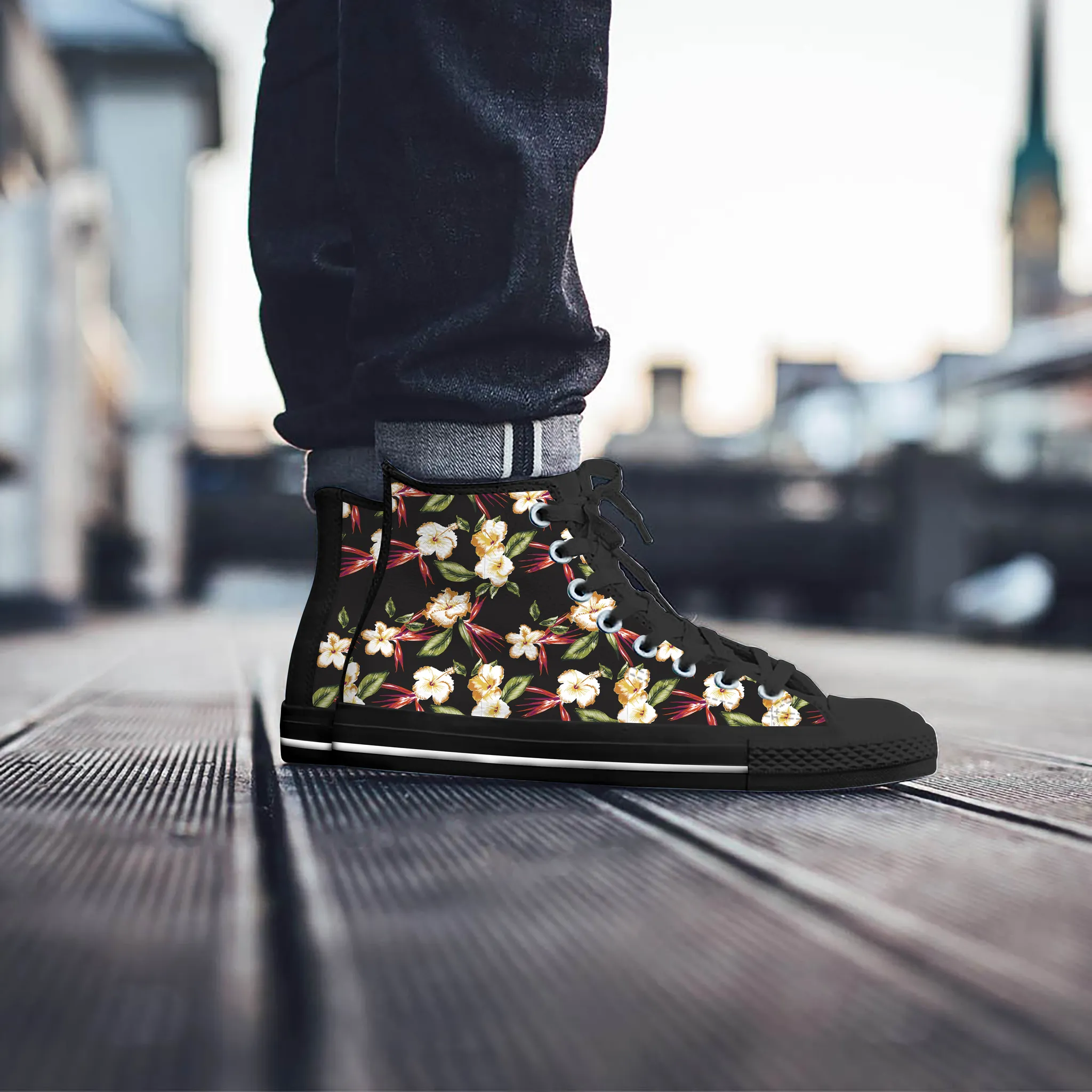 TROPICAL FLOWERS HIGH-TOP SHOES MEN (BLACK) - FREE SHIPPING WORLDWIDE