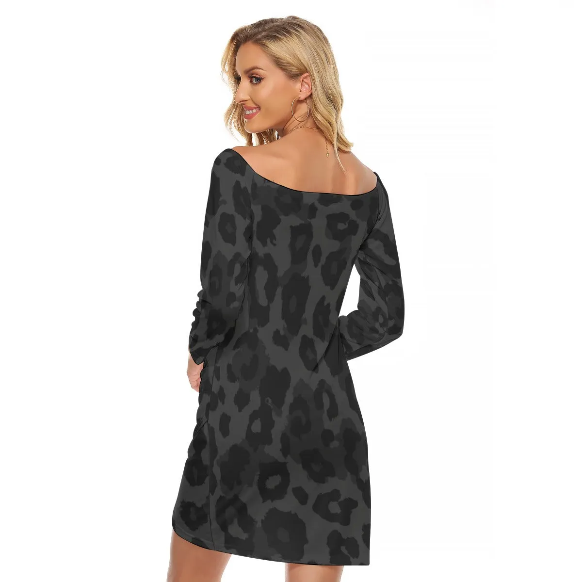 Vampire Art Grunge Black Leopard Women's Off-shoulder Long Sleeve Dress