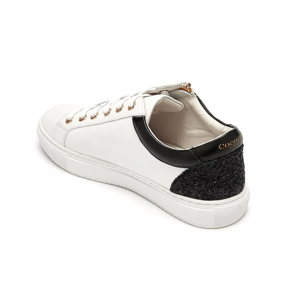 White Leather Trainers with Zip and Black Glitter Heel