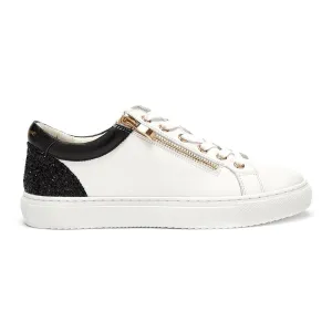 White Leather Trainers with Zip and Black Glitter Heel